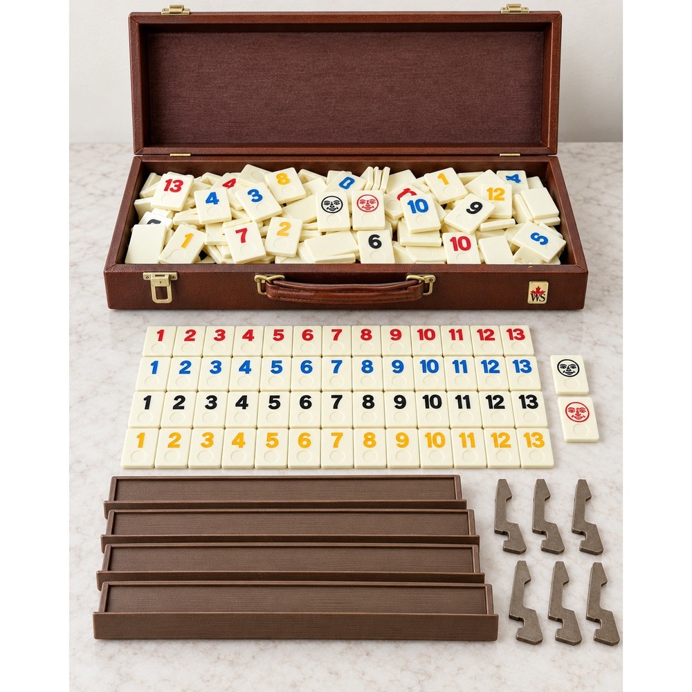 Vintage Rummy-O Tile Game Set Brown Faux Leather Case 106 Tiles Racks Retro